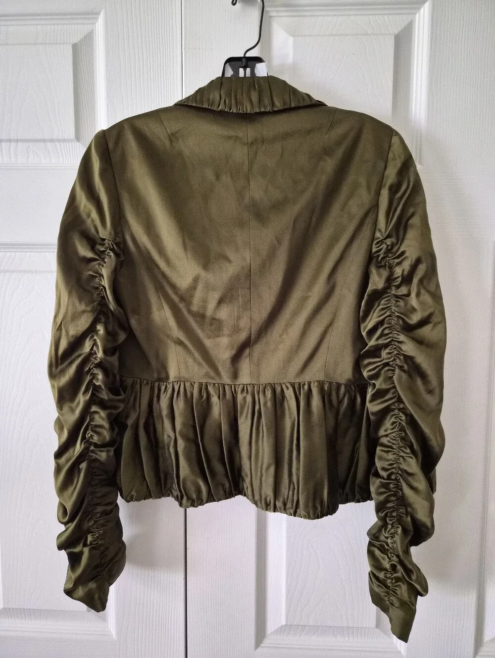 DVF Diane Von Furstenberg Zepher Olive Green Silk Ruched Cropped Jacket US 4